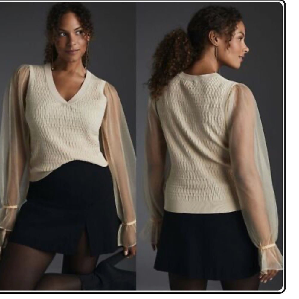 Anthropologie Maeve Cream Knit Sweater Vest Top with Boho Sheer Sleeves
